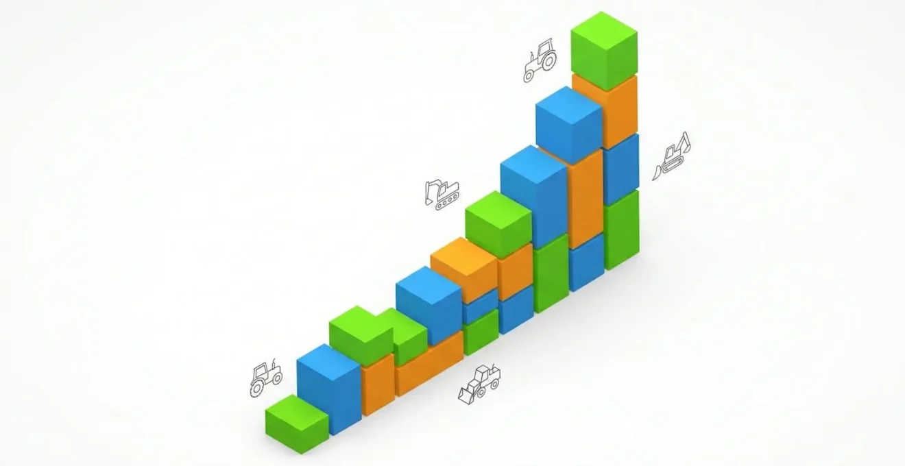 Courbe de croissance abstraite faite de blocs geometriques colores.