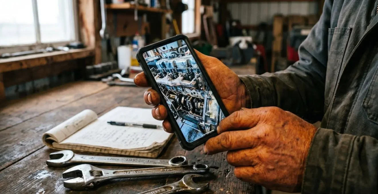 Mains d un agriculteur regardant des photos detailees d un moteur sur un smartphone.