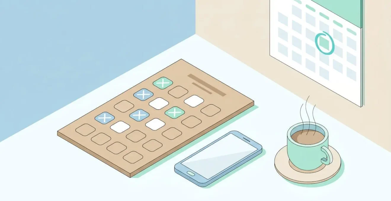 Plan de travail organise avec checklist, cafe, telephone et calendrier, vue isometrique.