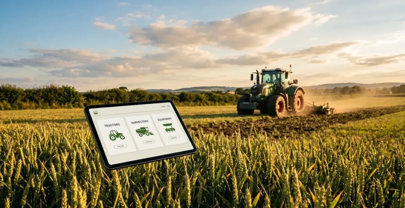 Tablette affichant un site de vente de materiel agricole flottant au-dessus d un champ, avec un tracteur en arriere-plan.