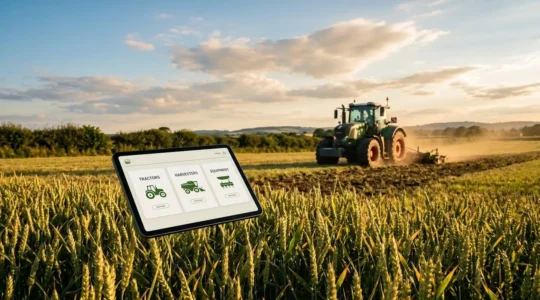 Tablette affichant un site de vente de materiel agricole flottant au-dessus d un champ, avec un tracteur en arriere-plan.