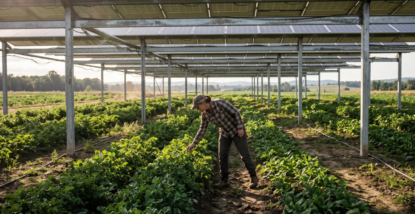 Un agriculteur observe des cultures poussant sous des panneaux solaires surélevés en fin de journée.