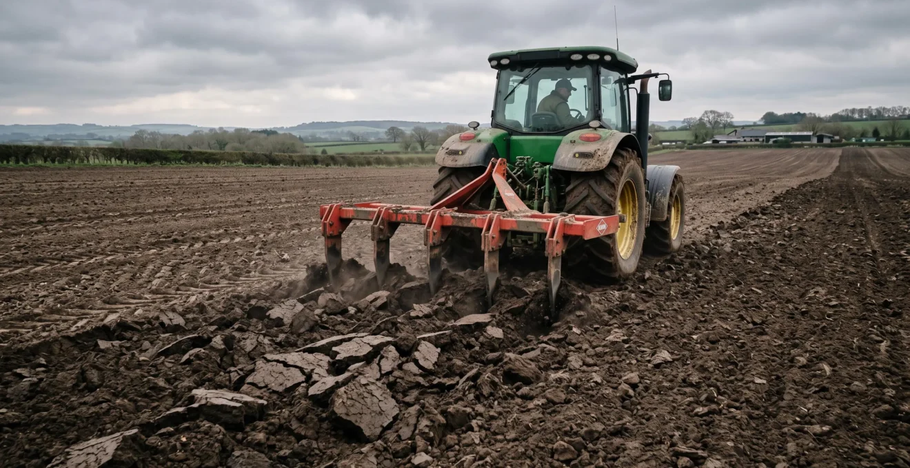Un tracteur tracte un décompacteur qui fissure la semelle de sol compacté d'un champ.