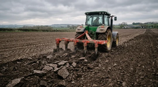 Un tracteur tracte un décompacteur qui fissure la semelle de sol compacté d'un champ.