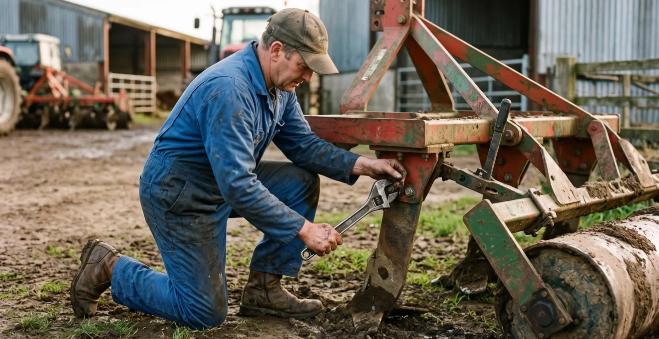 Un agriculteur regle la roue de profondeur d'une dent fissuratrice dans une cour de ferme.
