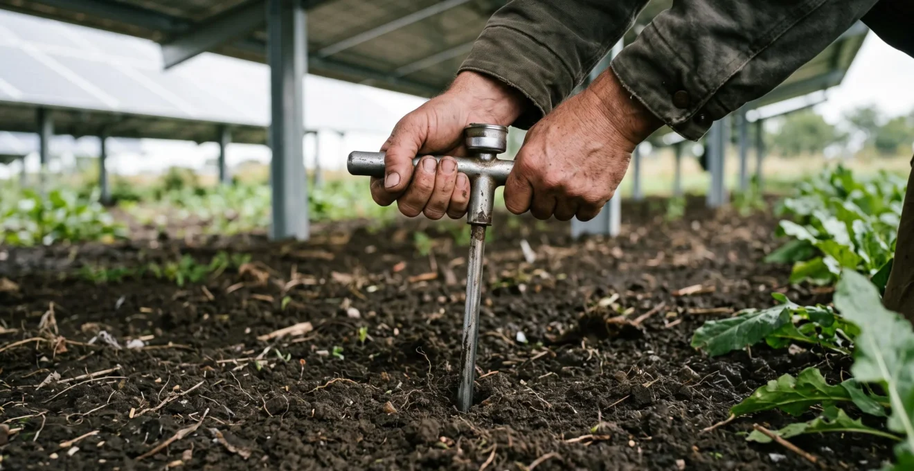Les mains d'un agriculteur enfoncent une sonde d'humidité dans le sol ombragé sous des panneaux.